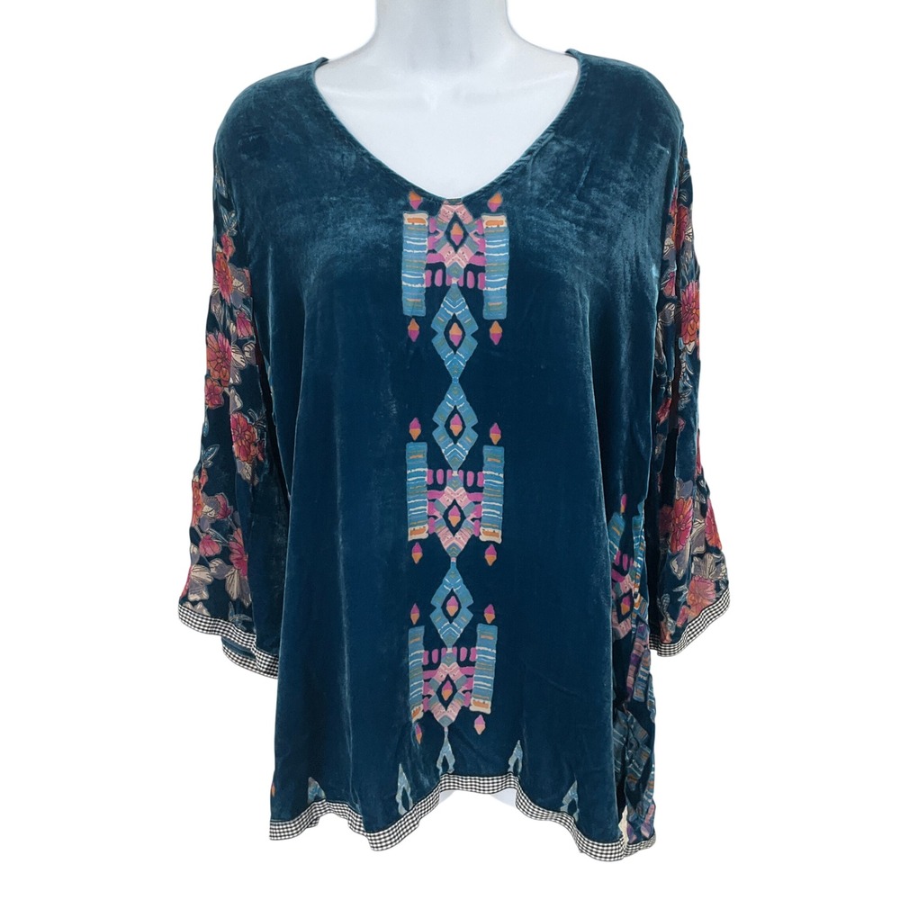 Johnny Was Silk Velvet Burnout Top Women S Teal Floral Geometric Boho Tunic